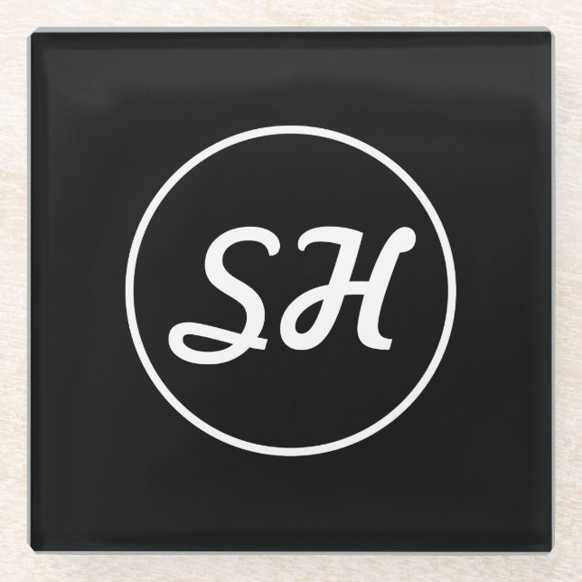 Cool Retro-Modern Style Monogram | Black & White Glass Coaster (Front)