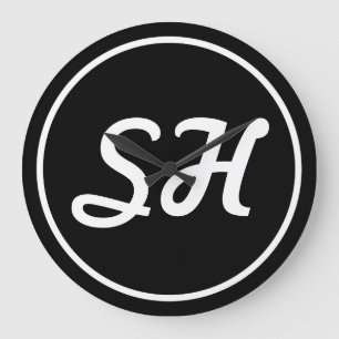 Cool Retro-Modern Style Monogram Black & White Large Clock