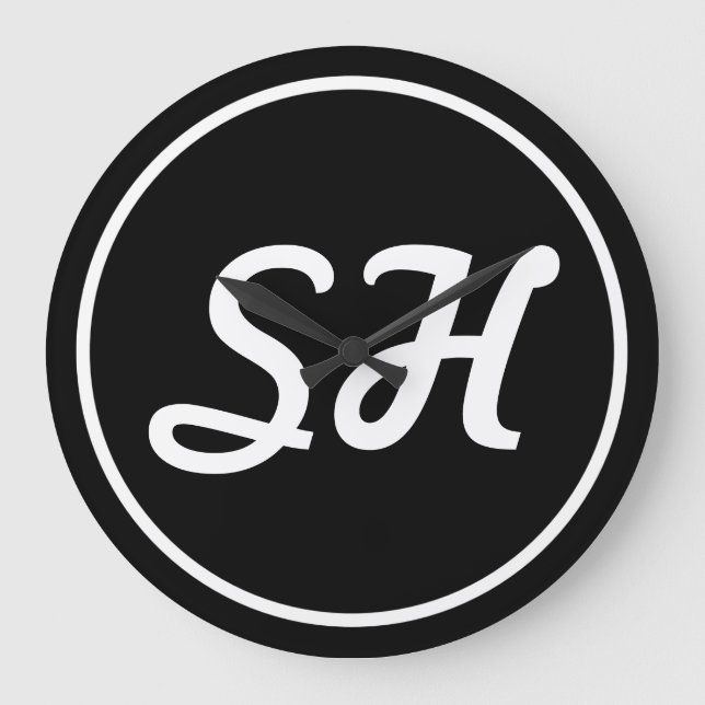 Cool Retro-Modern Style Monogram | Black & White Large Clock (Front)