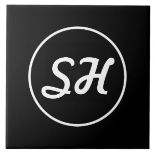 Cool Retro-Modern Style Monogram   Black & White Tile