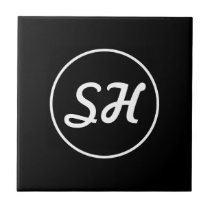 Cool Retro-Modern Style Monogram   Black & White Tile