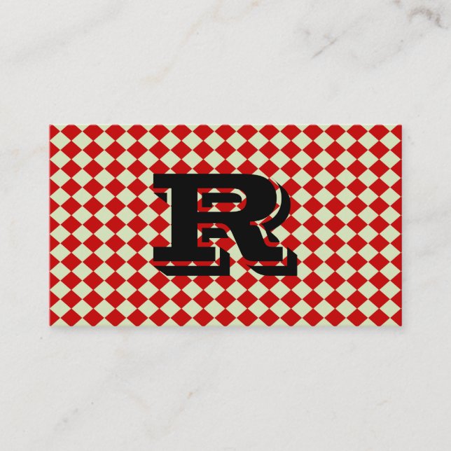 Cool Retro Monogram Red Chequered Pattern Business Card (Front)