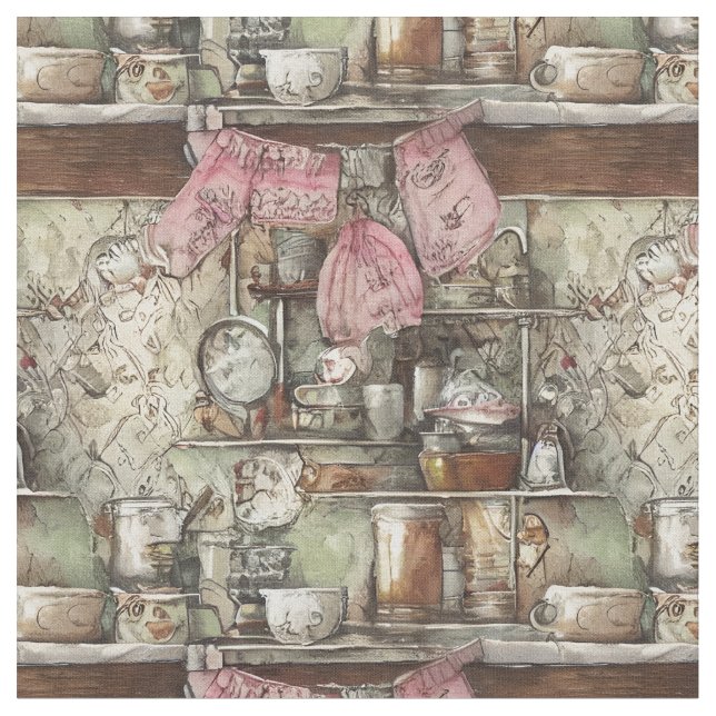 Cool retro pattern in the kitchen Hand drawn art Fabric (Close Up)