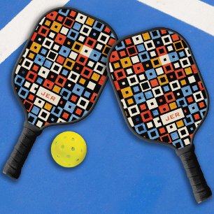 Cool Retro Pattern Monogram Initials 70s Inspired Pickleball Paddle