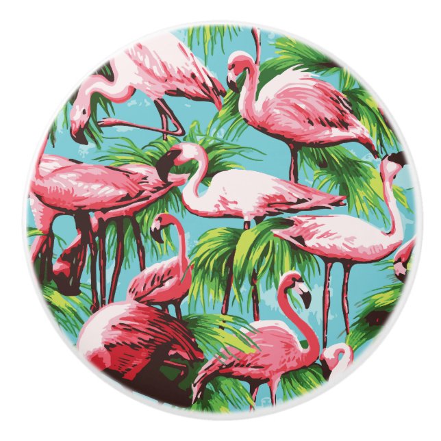 Cool Retro Pink Flamingos Ceramic Knob (Front)