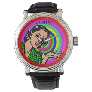 Cool Retro Pop Art Girl In Colour Circles Watch