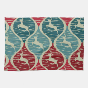 Cool Retro Red and Blue Christmas Reindeer Xmas Kitchen Towel