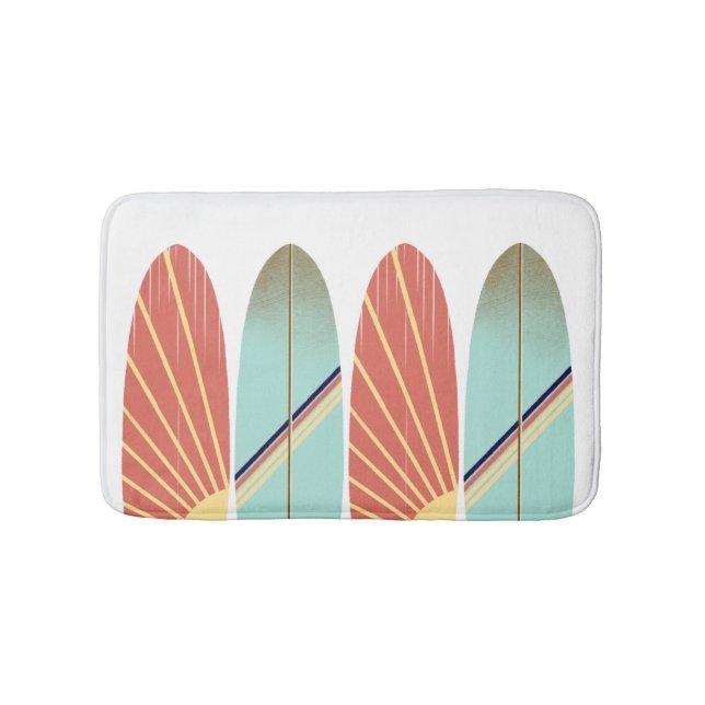 Cool retro red and blue surfboard bath mat (Front)