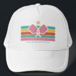 Cool Retro Stripes Custom Text Pickleball Player Trucker Hat<br><div class="desc">Super cool pickleball hat featuring colourful retro stripes, pickleball paddles and ball. Add 2 lines of custom text - custom saying, club name, monogram, player name, etc. Makes a perfect pickleball gift for pickleball partner, coach, mom, grandma, etc. - also great hats for your club. (easily change the colours of...</div>