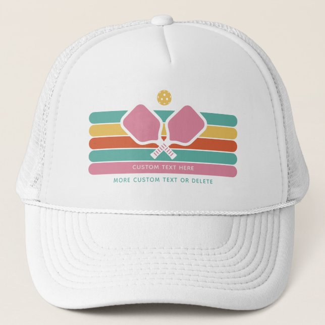 Cool Retro Stripes Custom Text Pickleball Player Trucker Hat (Front)