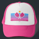 Cool Retro Stripes Custom Text Pickleball Player Trucker Hat<br><div class="desc">Super cool pickleball hat featuring colourful retro stripes, pickleball paddles and ball. Add 2 lines of custom text - custom saying, club name, monogram, player name, etc. Makes a perfect pickleball gift for pickleball partner, coach, mom, grandma, etc. - also great hats for your club. (easily change the colours of...</div>