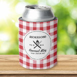 Cool Retro Summer BBQ Grill Utensils Red Check Can Cooler<br><div class="desc">The perfect can cooler for your summer bbq or cookout featuring a "logo style" design with crisscrossed grilling utensils and a flame set against a red gingham check background pattern. Personalize by adding your name, date and another line of custom text. Your guest will love this cool party favour. Check...</div>
