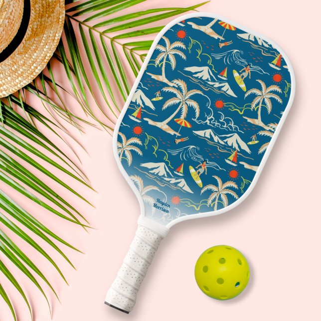 Cool Retro Tropical Hawaiian Surfer Custom Text Pickleball Paddle (Creator Uploaded)