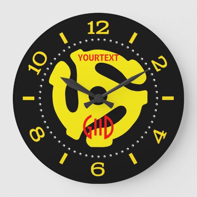 COOL Retro Yellow 45 spacer DJ Dial on a Large Clock (Front)
