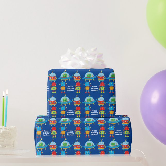 Cool Robot Blue Personalized Kids Birthday Party Wrapping Paper (Party Gifts)