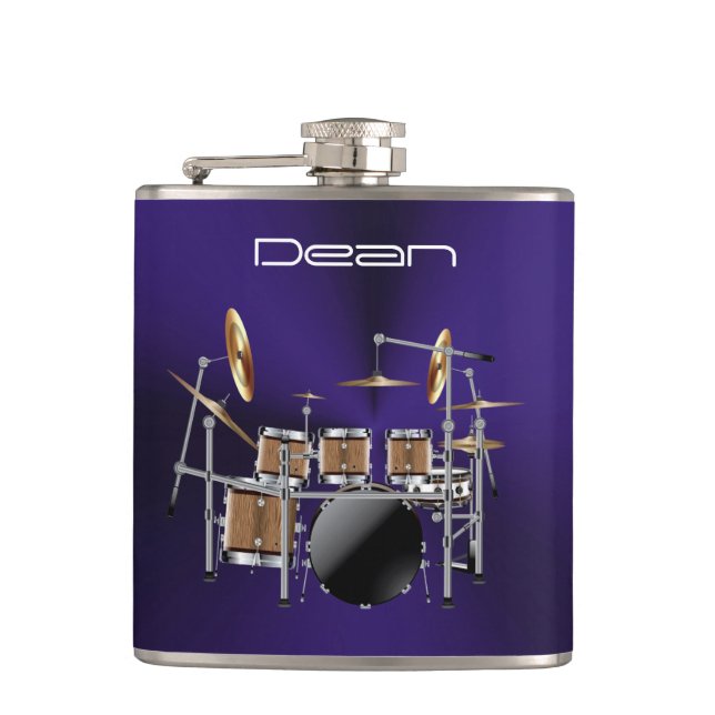 Cool Rock Drum Set On Metallic Purple Music Flask (Front)