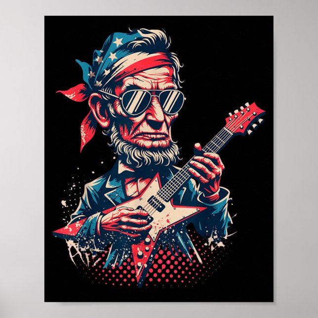 Cool Rock Roll Abraham Lincoln Playing Guitar Poster (Front)
