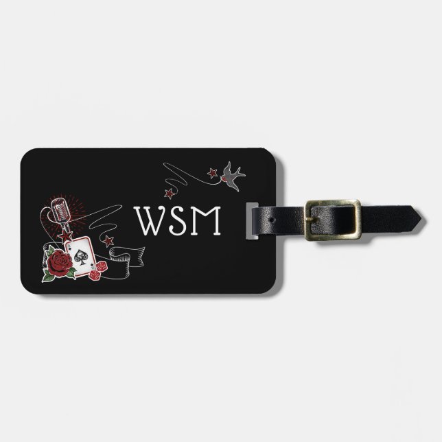 Cool Rockabilly Custom Monogram Singer Microphone  Luggage Tag (Front Horizontal)