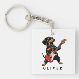 Cool Rocker Dachshund Dog Playing Electric Guitar Keychain