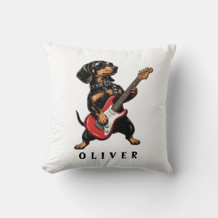 Cool Rocker Dachshund Dog Playing Electric Guitar Throw Pillow