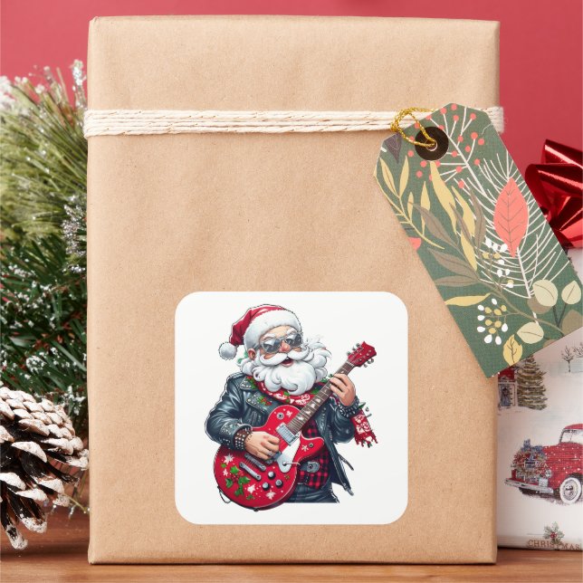 Cool Rocker Santa Playing Red Guitar Square Sticker (Holiday)