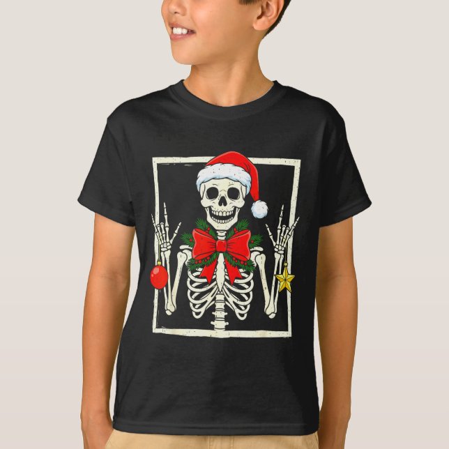 Cool Rocker Skeleton Santa Hat Christmas Punk Rock T-Shirt (Front)