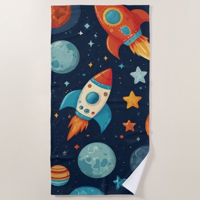 Cool Rocket Space and Planets Beach Towel (Front)