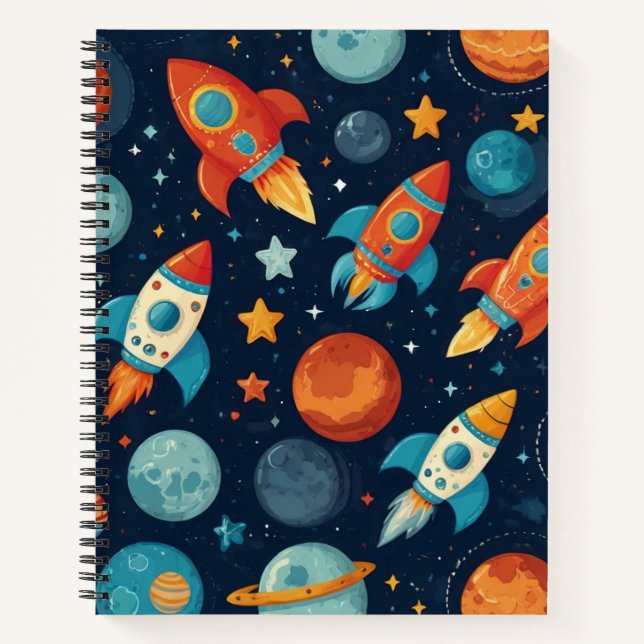 Cool Rocket Space and Planets Theme Doodle in Blue Notebook (Front)