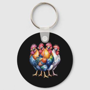 Cool Roosters With Sungles Colourful Chicken Farm  Keychain