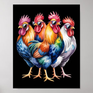 Cool Roosters With Sungles Colourful Chicken Farm Poster