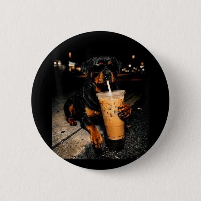 Cool Rottweiler Drinking Iced Coffee Funny Dog Art 2 Inch Round Button (Front)
