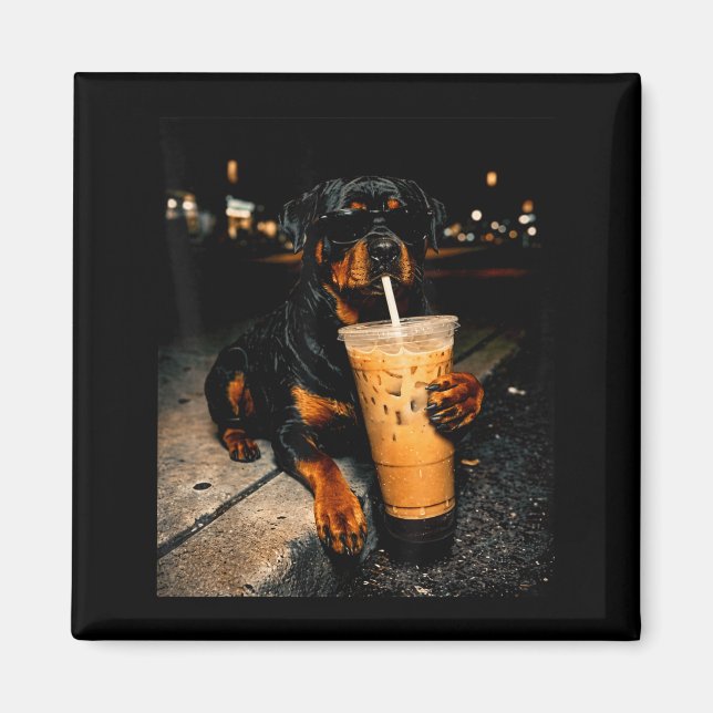 Cool rottweiler drinking iced coffee funny dog art magnet (Front)