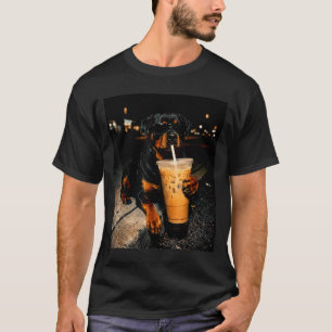 Cool rottweiler drinking iced coffee funny dog art T-Shirt