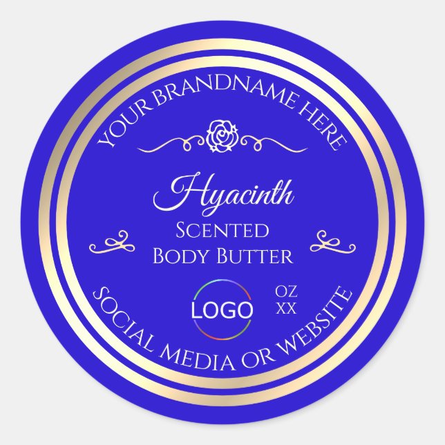Cool Royal Blue Product Label Gold Frame with Logo (Front)