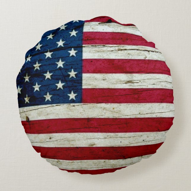 Cool Rustic American Flag Round Pillow (Back)