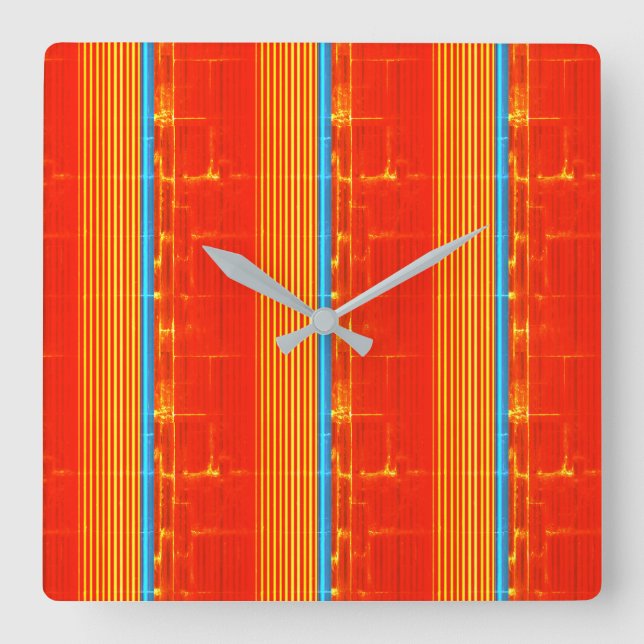 Cool Rustic Blue Orange Yellow Red Stripes Square Wall Clock (Front)