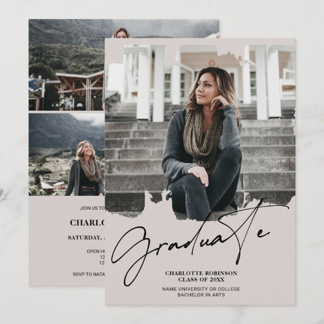 Cool sand graduate script photo graduation invitation (Front/Back)