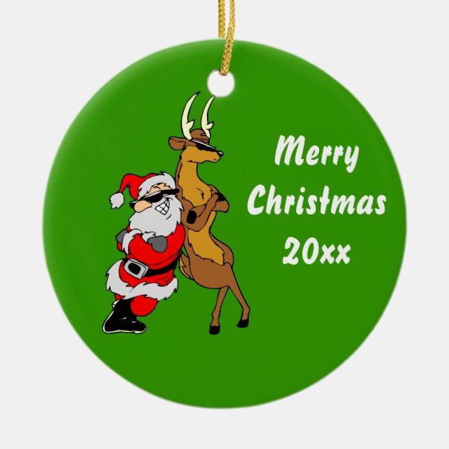 Cool Santa And Reindeer With Sunglasses Ceramic Ornament (Front)