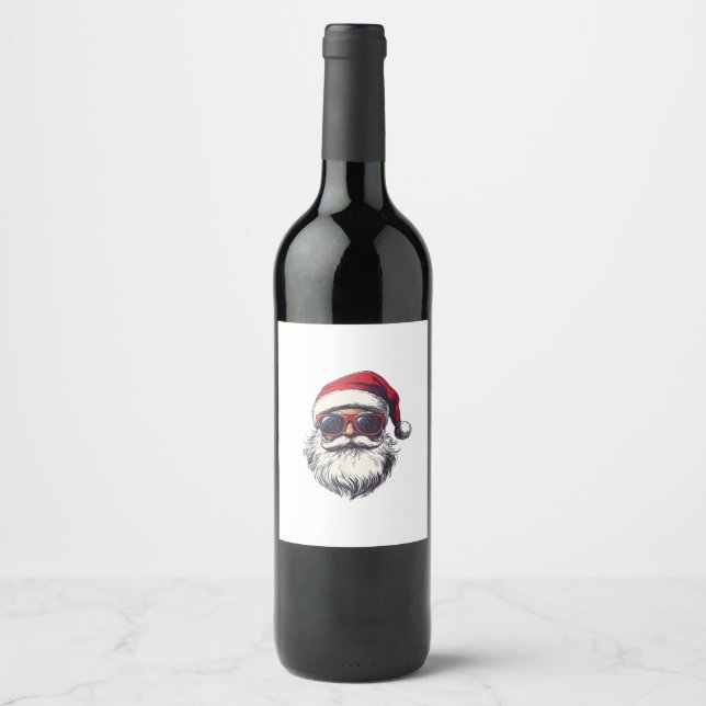 Cool Santa Claus Face Retro Sunglasses Christmas M Wine Label (Front)