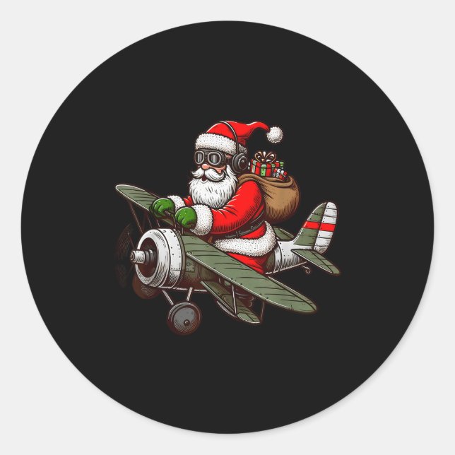 Cool Santa Claus Flying Airplane Pajama Christmas  Classic Round Sticker (Front)