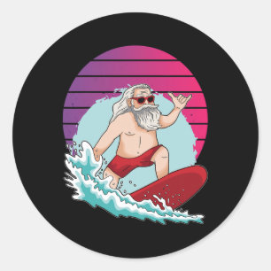Cool Santa Claus Is Surfing On Lock Summer Vibes C Classic Round Sticker