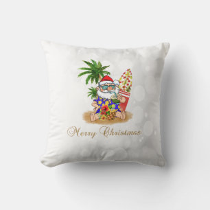 Cool Santa Claus,Palm Tree,Beach Bokeh  Throw Pillow