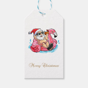 Cool Santa Claus,Pink Flamingos,Beach Bokeh    Gift Tags