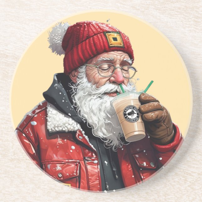 Cool Santa Drinking Iced Coffee Christmas Art Coaster (Front)