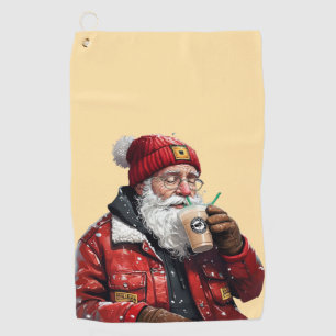 Cool Santa Drinking Iced Coffee Christmas Art Golf Towel