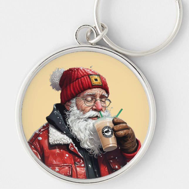 Cool Santa Drinking Iced Coffee Christmas Art Keychain (Front)
