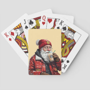 Cool Santa Drinking Iced Coffee Christmas Art Playing Cards