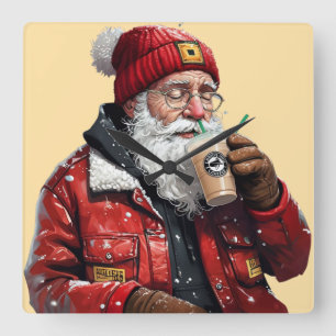 Cool Santa Drinking Iced Coffee Christmas Art Square Wall Clock