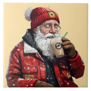 Cool Santa Drinking Iced Coffee Christmas Art Tile