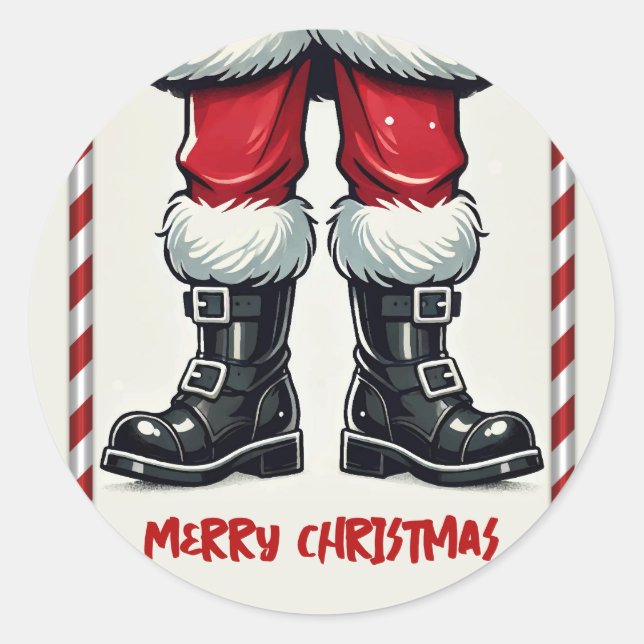 Cool Santa in Black Boots Christmas Holiday Party Classic Round Sticker (Front)